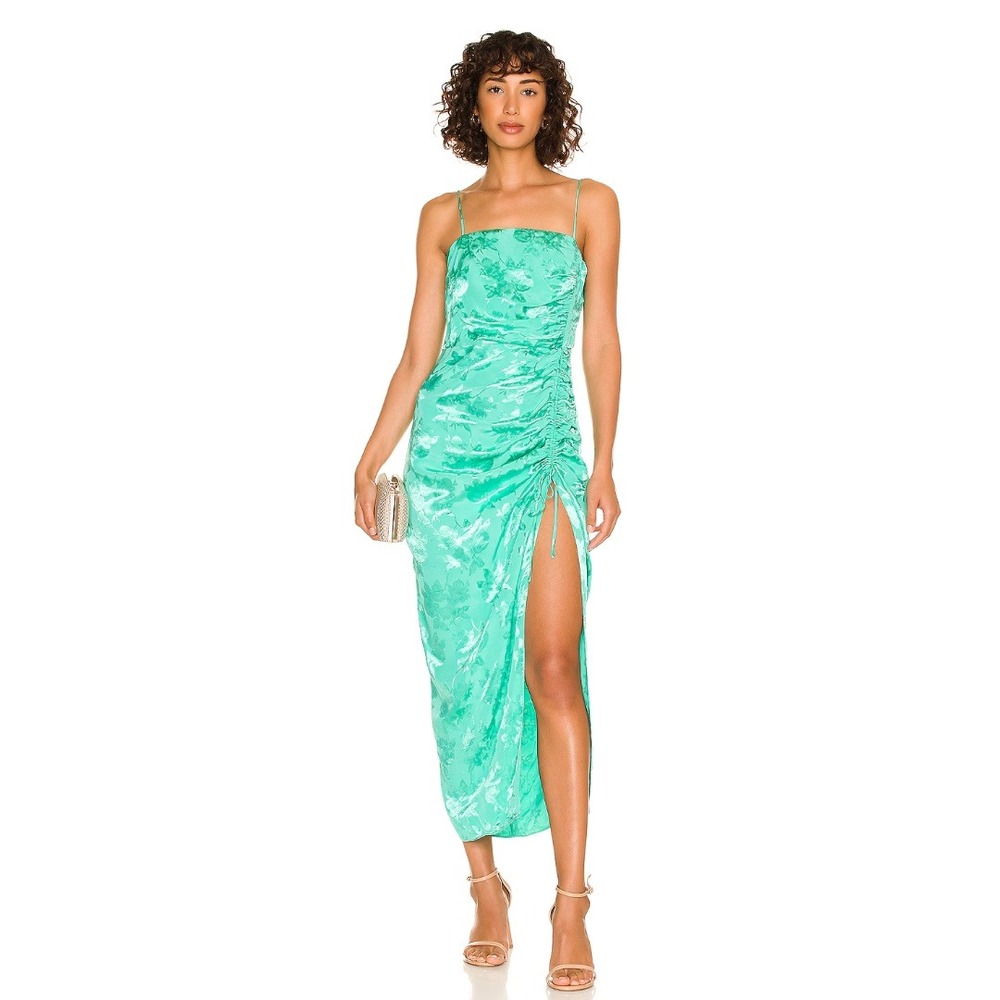 Saylor Floral Jacquard Ruched Slit Midi Gardenia Dress Mermaidcore Wedding Guest